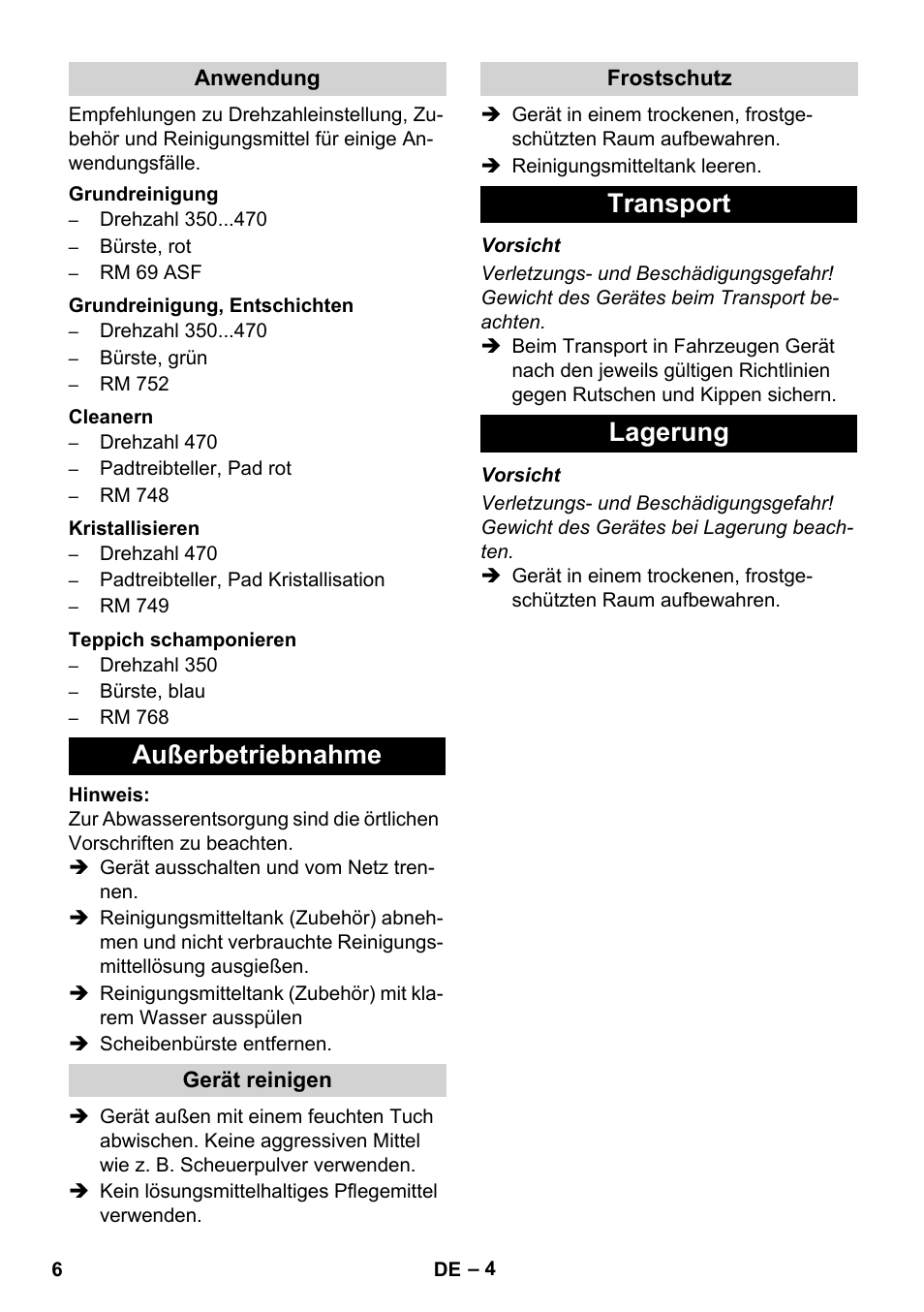 Außerbetriebnahme, Transport lagerung | Karcher BD 17-5 C User Manual | Page 6 / 160