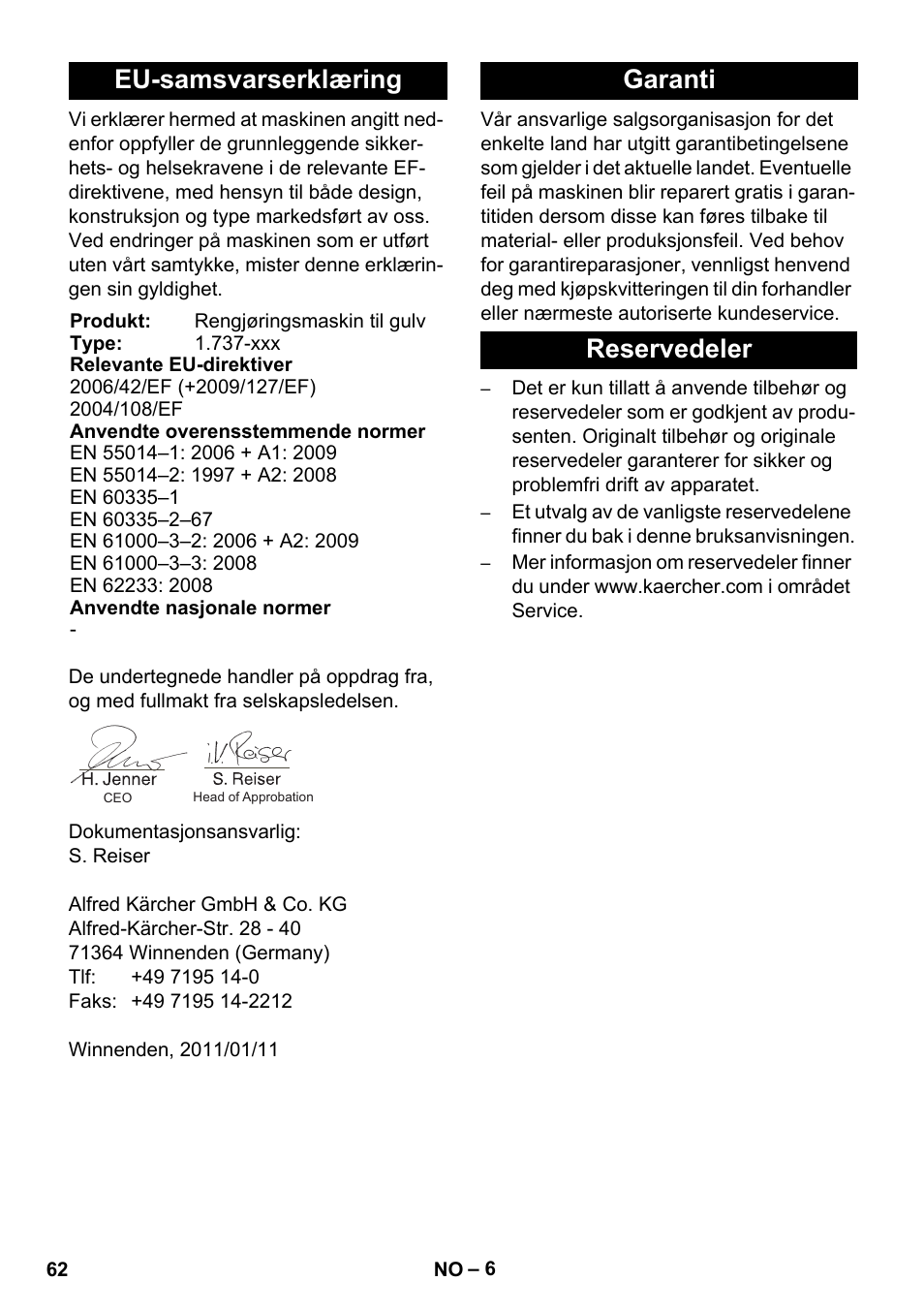 Eu-samsvarserklæring, Garanti reservedeler | Karcher BD 17-5 C User Manual | Page 62 / 160