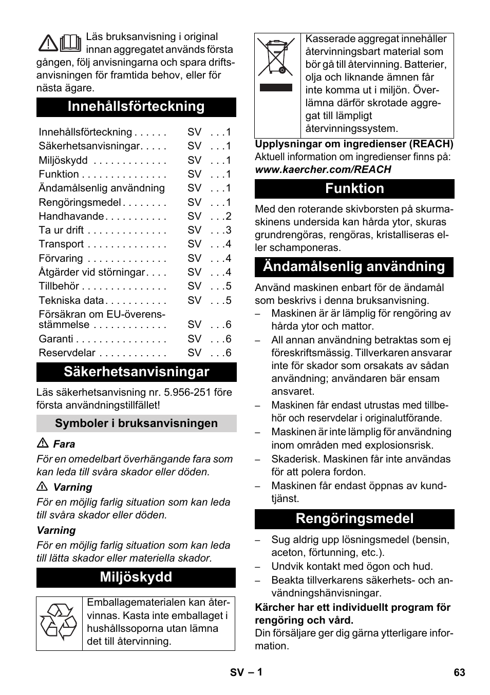 Svenska, Innehållsförteckning, Säkerhetsanvisningar | Miljöskydd, Funktion ändamålsenlig användning rengöringsmedel | Karcher BD 17-5 C User Manual | Page 63 / 160