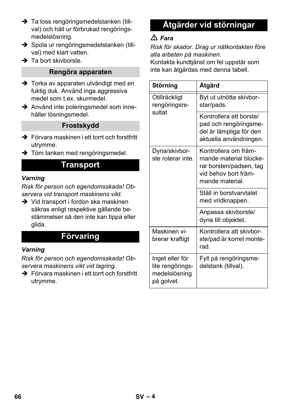 Transport förvaring åtgärder vid störningar | Karcher BD 17-5 C User Manual | Page 66 / 160