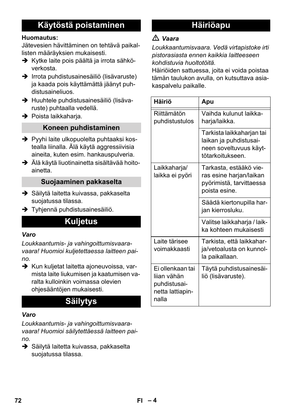 Käytöstä poistaminen, Kuljetus säilytys häiriöapu | Karcher BD 17-5 C User Manual | Page 72 / 160