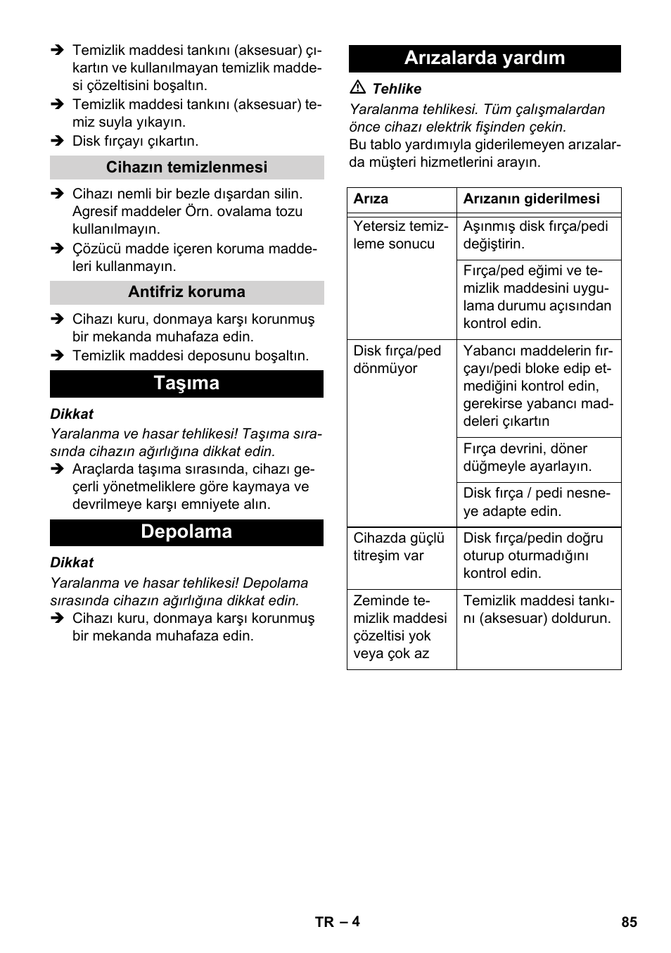 Taşıma depolama arızalarda yardım | Karcher BD 17-5 C User Manual | Page 85 / 160