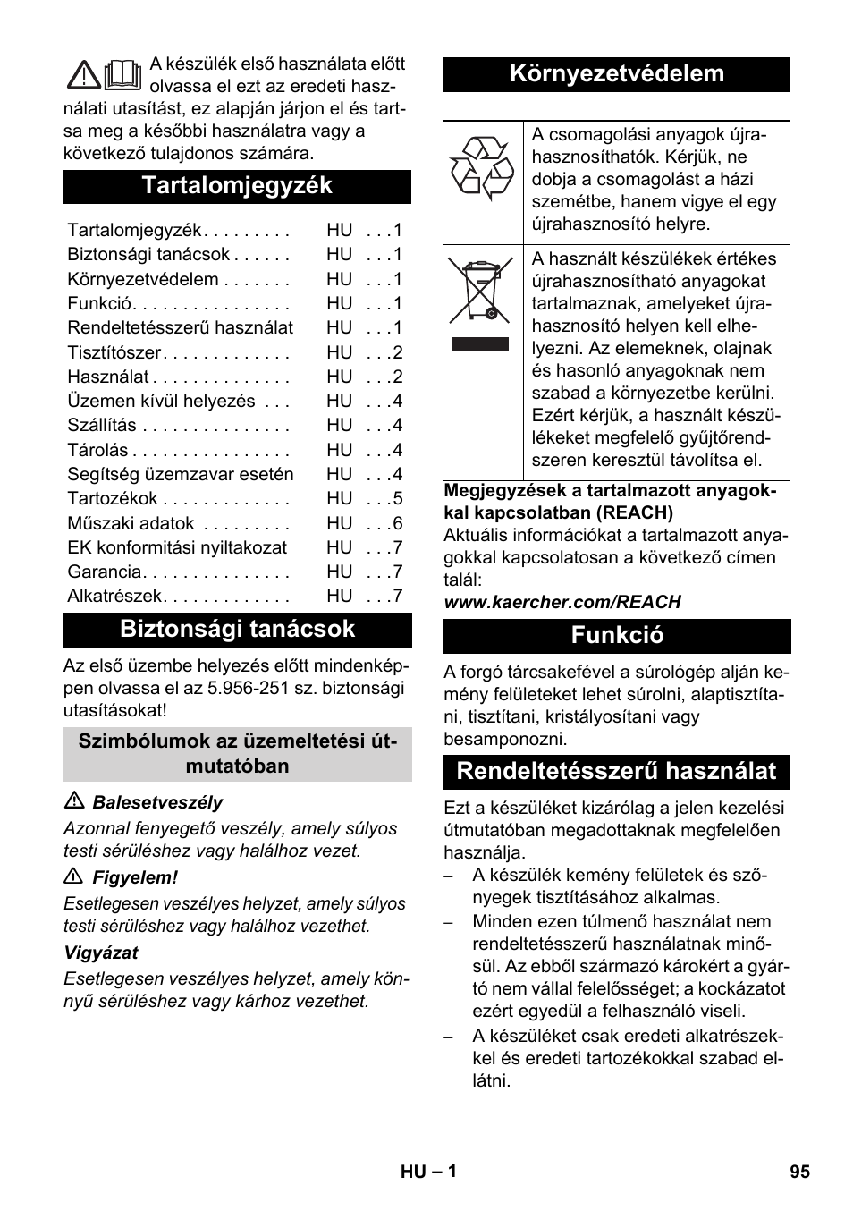 Magyar, Tartalomjegyzék, Biztonsági tanácsok | Környezetvédelem, Funkció rendeltetésszerű használat | Karcher BD 17-5 C User Manual | Page 95 / 160