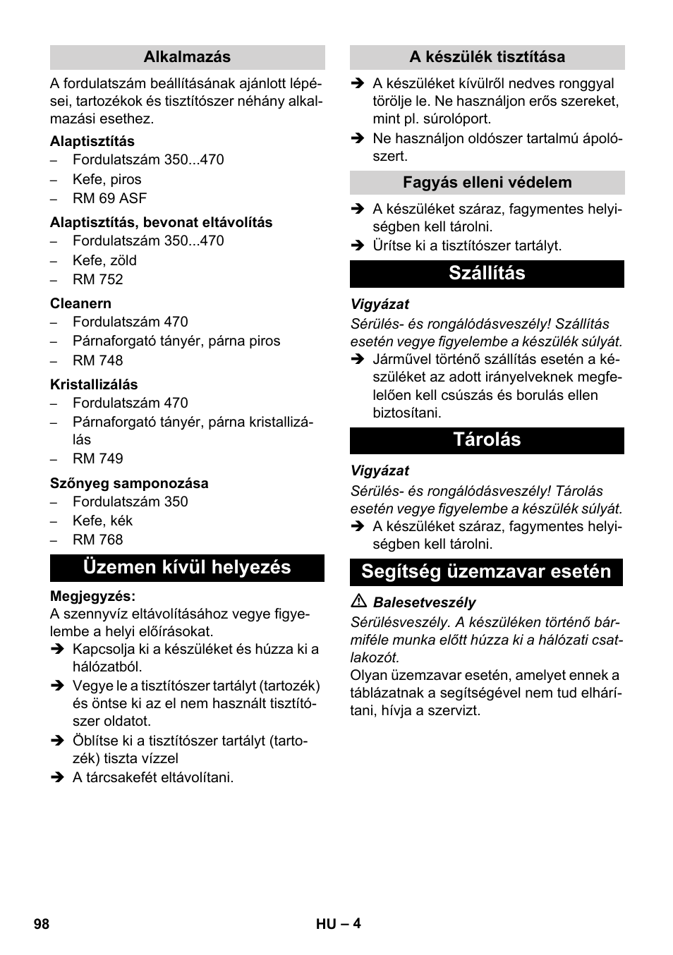 Üzemen kívül helyezés, Szállítás tárolás segítség üzemzavar esetén | Karcher BD 17-5 C User Manual | Page 98 / 160