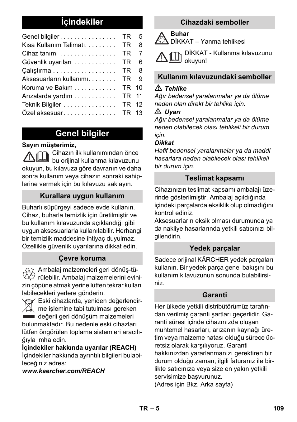 Türkçe, Içindekiler, Genel bilgiler | Karcher SC 2-500 C User Manual | Page 109 / 266
