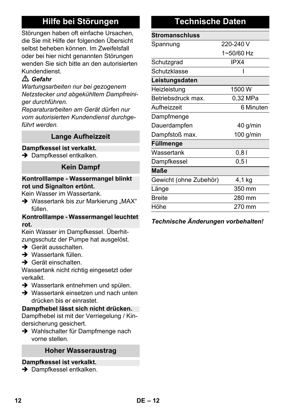 Hilfe bei störungen, Technische daten | Karcher SC 2-500 C User Manual | Page 12 / 266