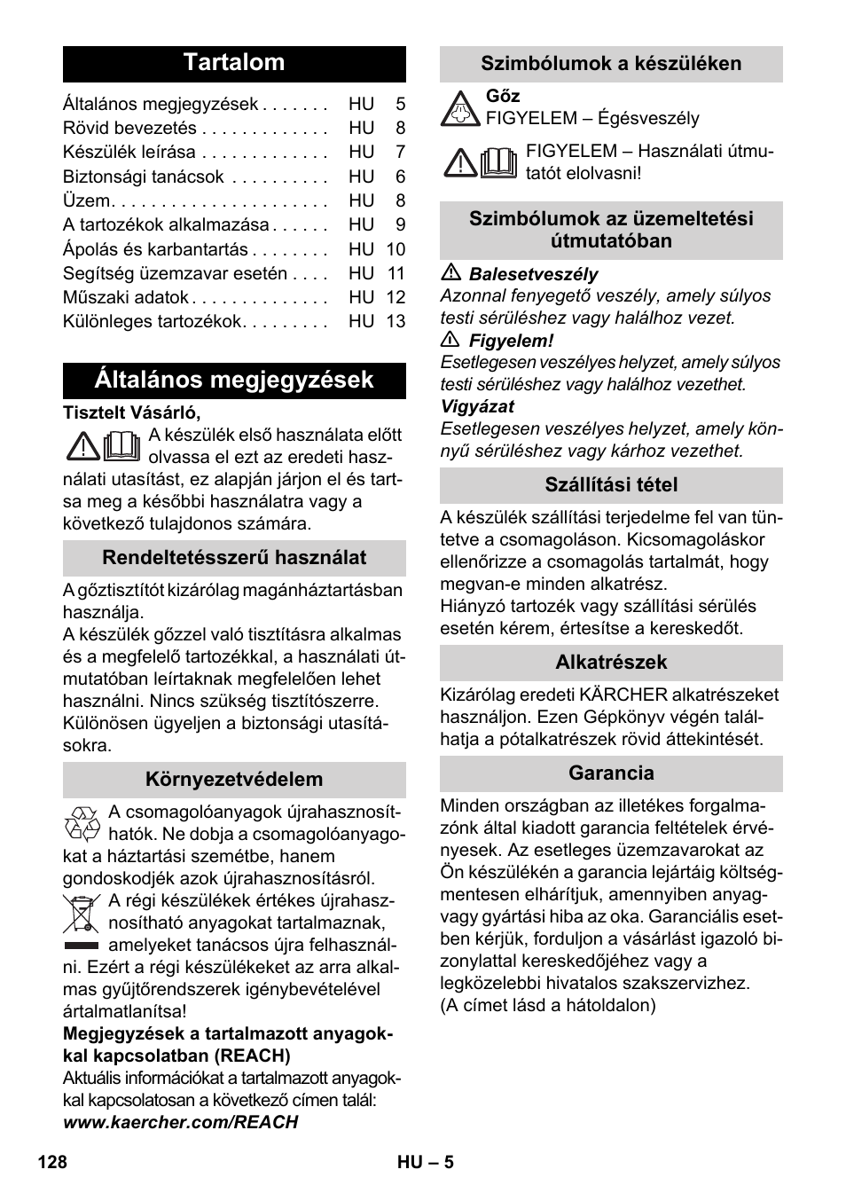 Magyar, Tartalom, Általános megjegyzések | Karcher SC 2-500 C User Manual | Page 128 / 266