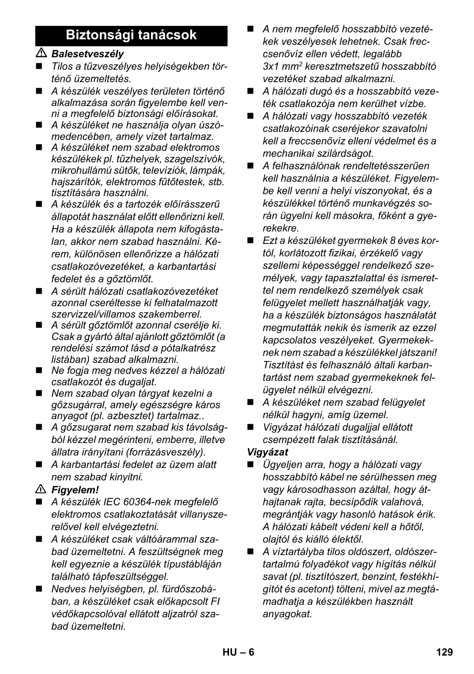 Biztonsági tanácsok | Karcher SC 2-500 C User Manual | Page 129 / 266