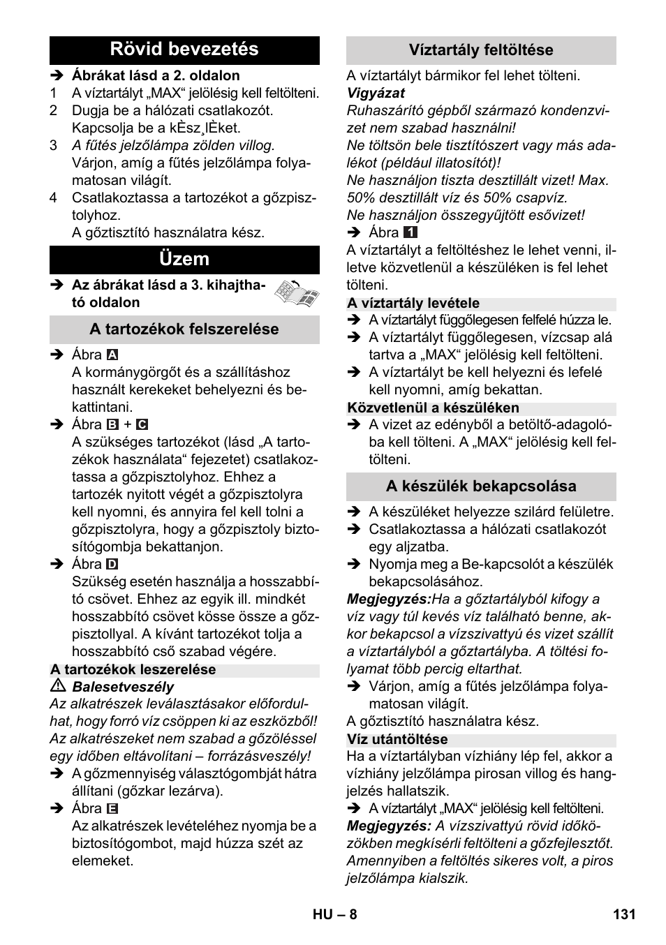 Rövid bevezetés üzem | Karcher SC 2-500 C User Manual | Page 131 / 266