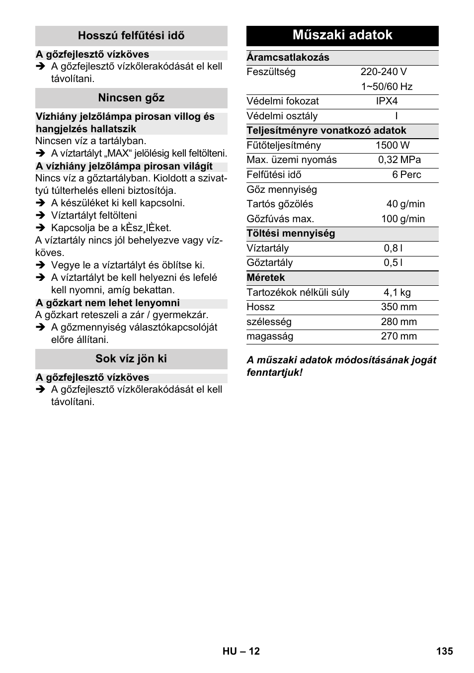 Műszaki adatok | Karcher SC 2-500 C User Manual | Page 135 / 266