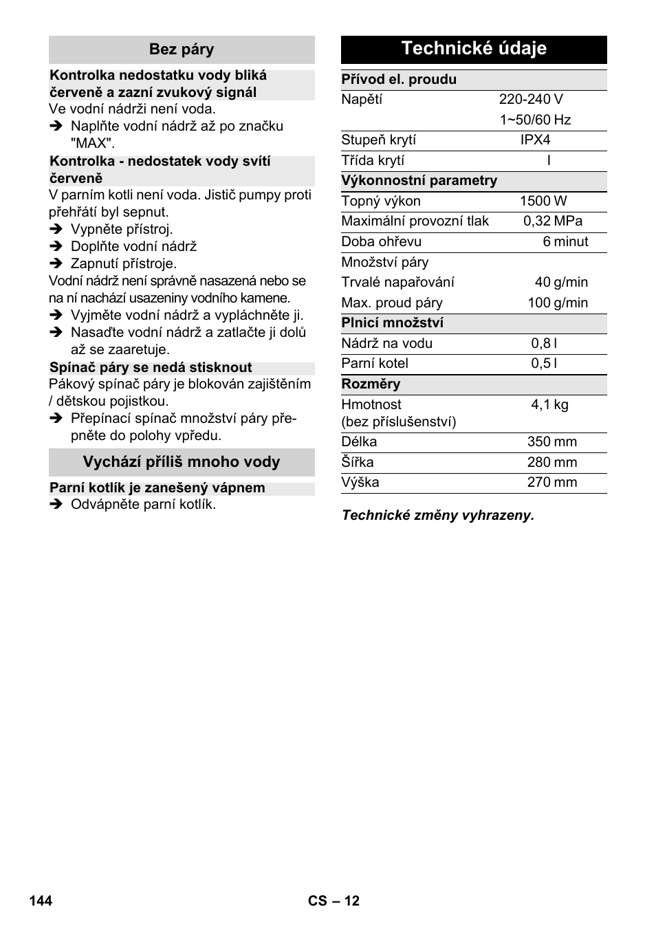 Technické údaje | Karcher SC 2-500 C User Manual | Page 144 / 266