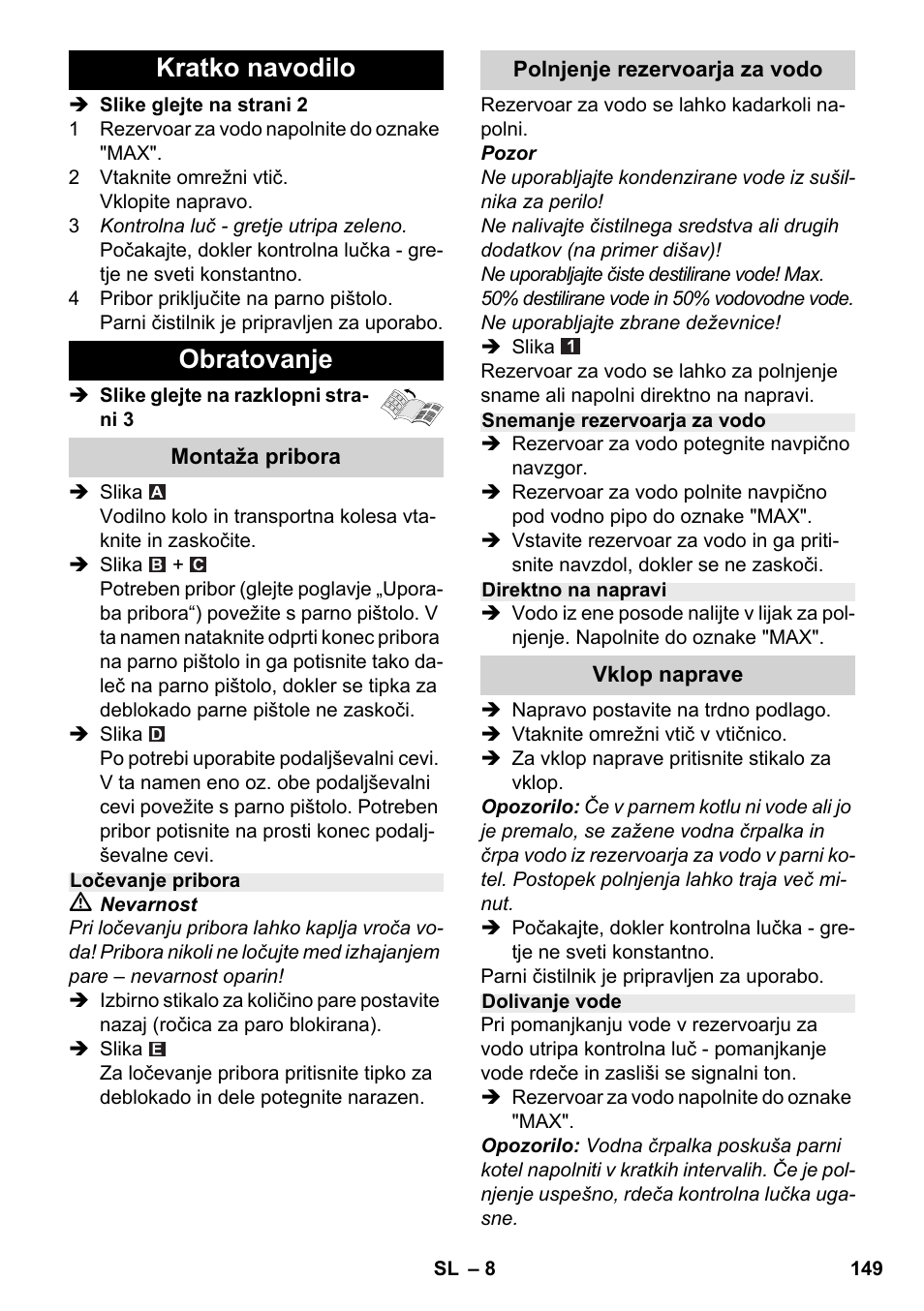 Kratko navodilo obratovanje | Karcher SC 2-500 C User Manual | Page 149 / 266