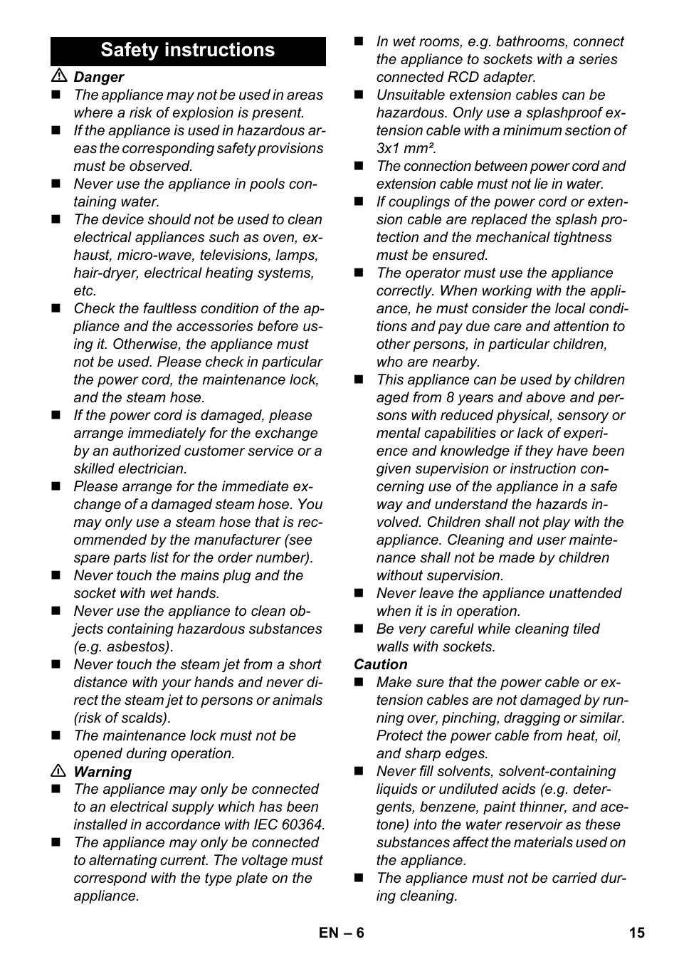 Safety instructions | Karcher SC 2-500 C User Manual | Page 15 / 266