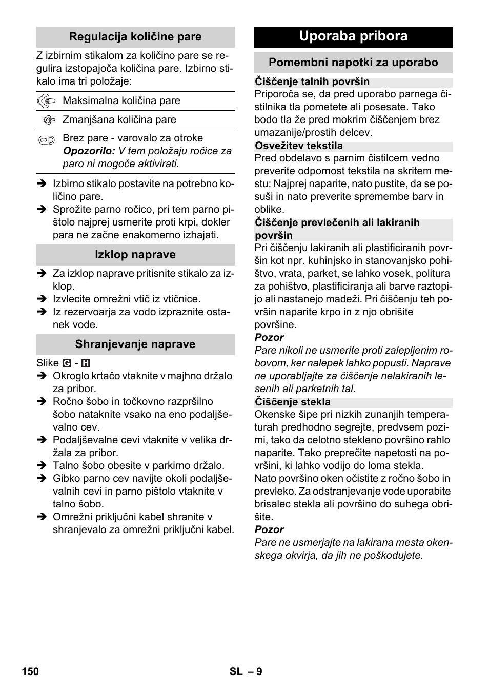 Uporaba pribora | Karcher SC 2-500 C User Manual | Page 150 / 266