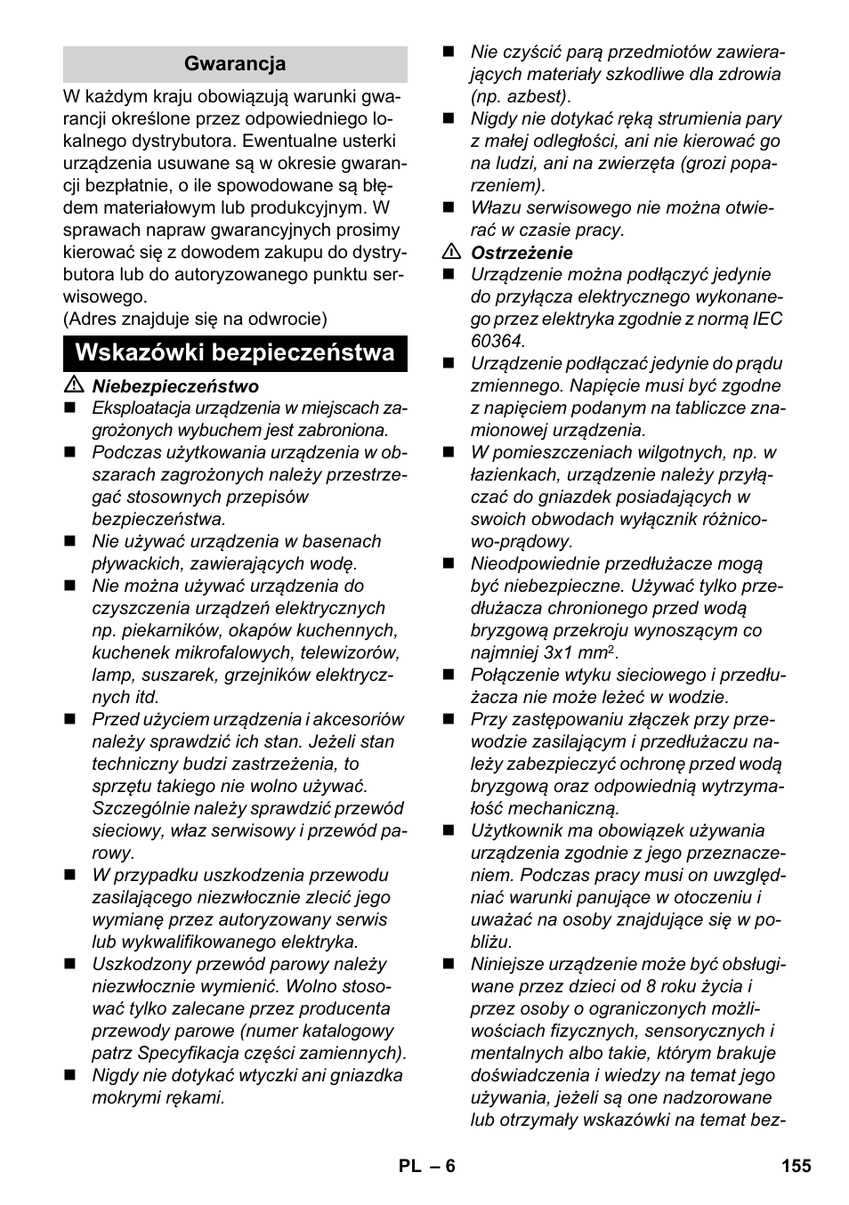 Wskazówki bezpieczeństwa | Karcher SC 2-500 C User Manual | Page 155 / 266