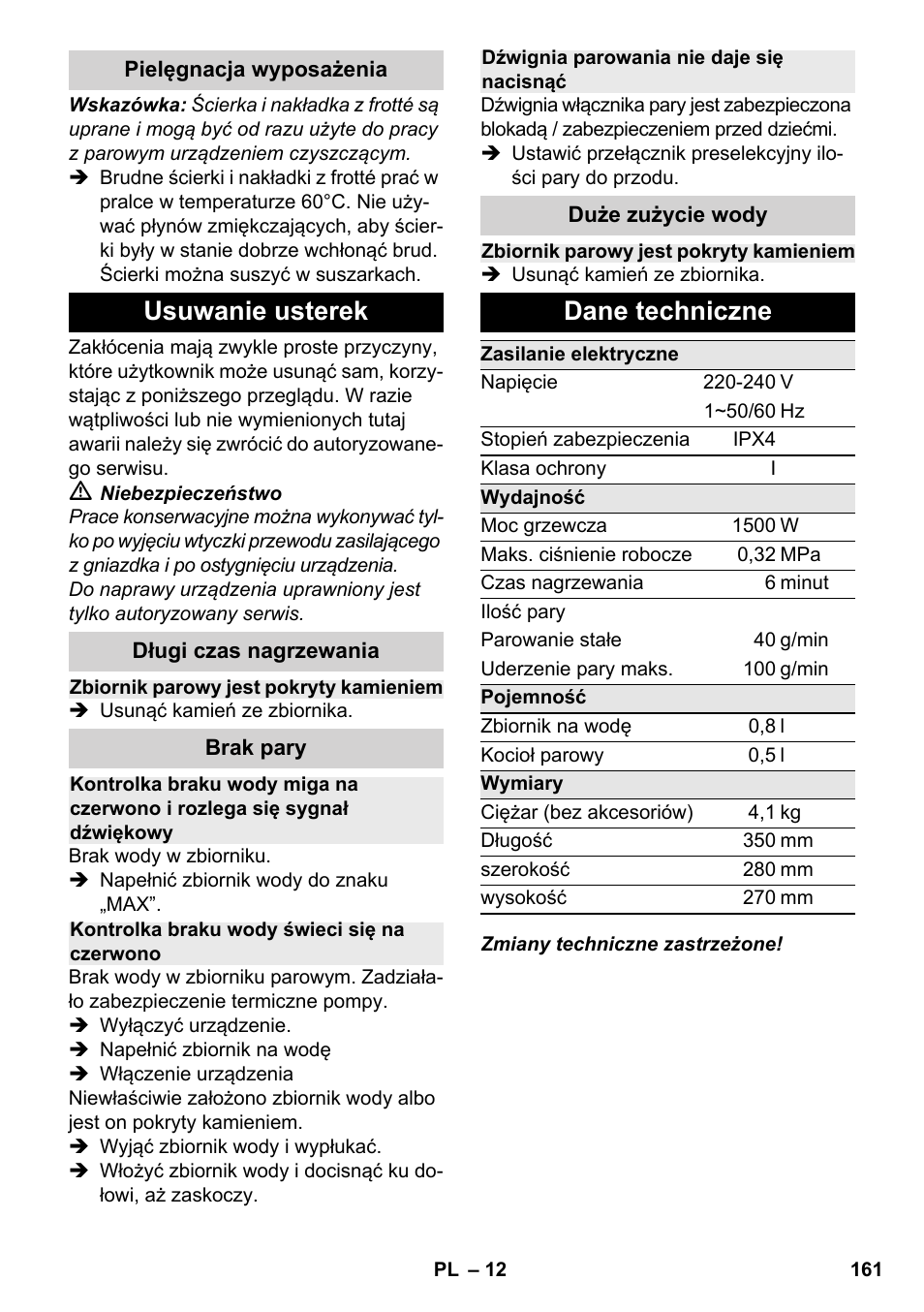 Usuwanie usterek, Dane techniczne | Karcher SC 2-500 C User Manual | Page 161 / 266