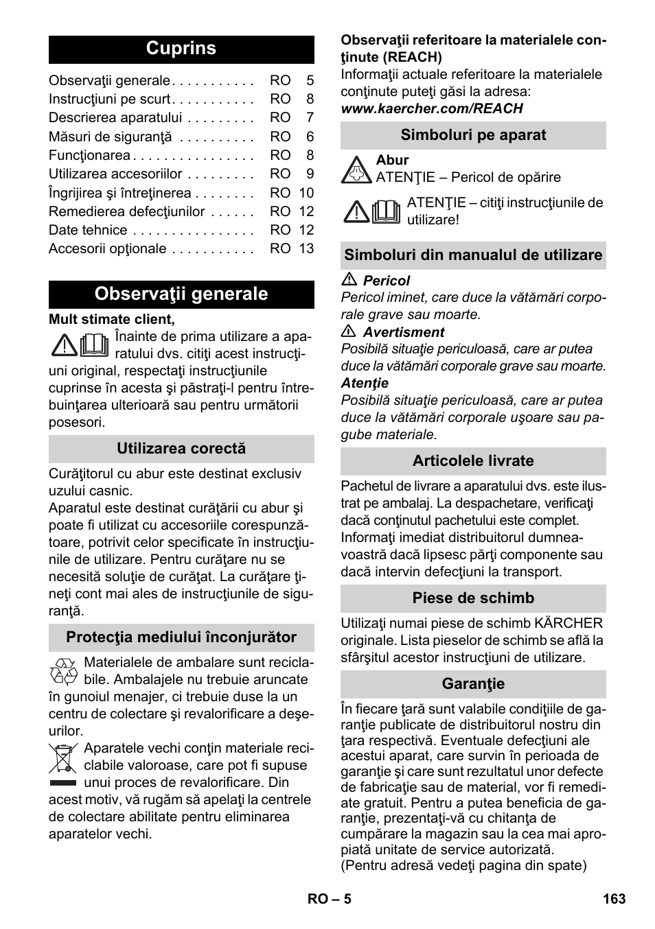 Româneşte, Cuprins, Observaţii generale | Karcher SC 2-500 C User Manual | Page 163 / 266