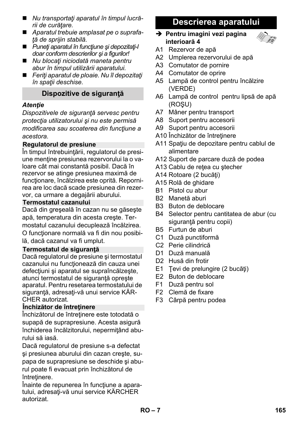 Descrierea aparatului | Karcher SC 2-500 C User Manual | Page 165 / 266