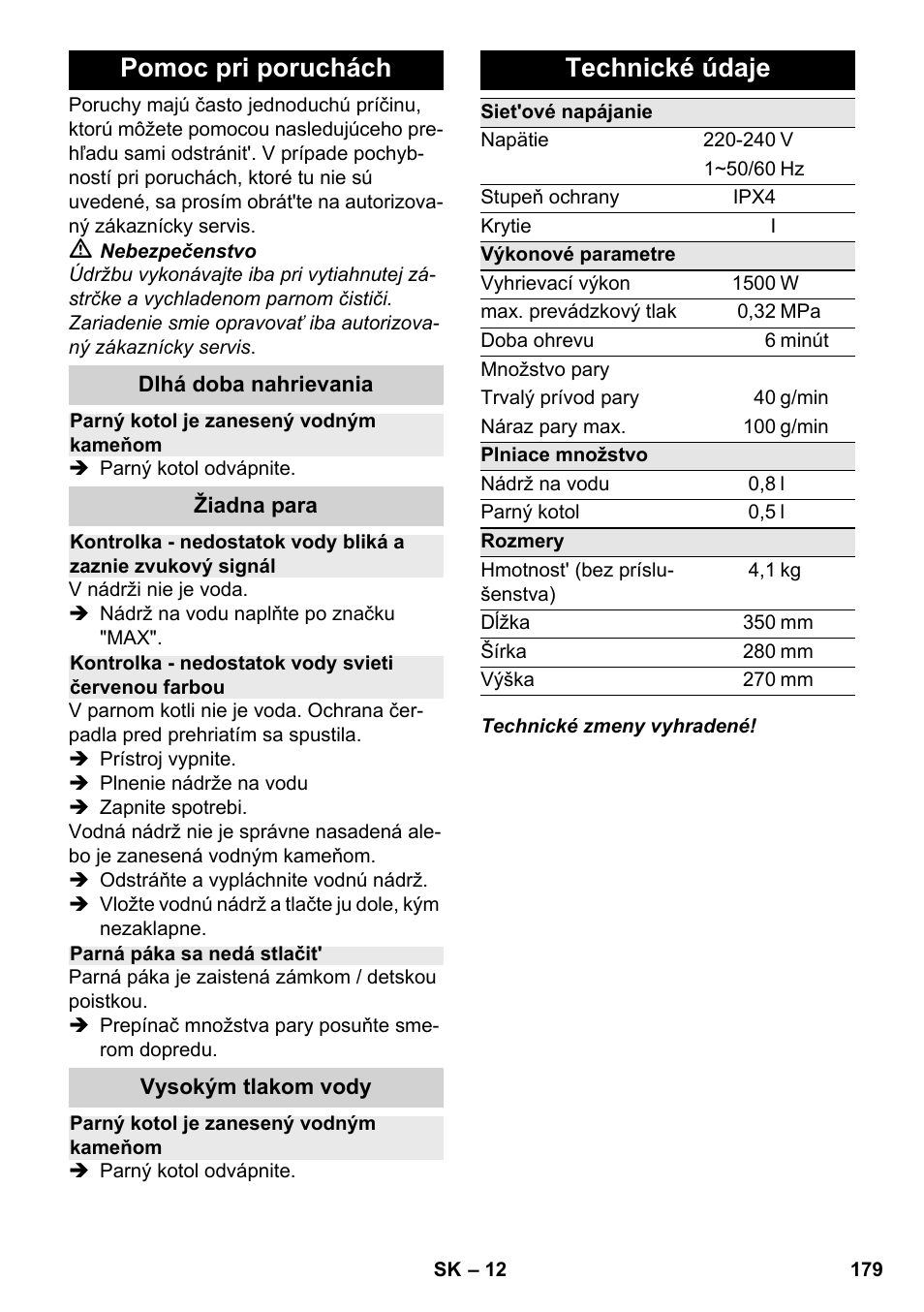 Pomoc pri poruchách, Technické údaje | Karcher SC 2-500 C User Manual | Page 179 / 266