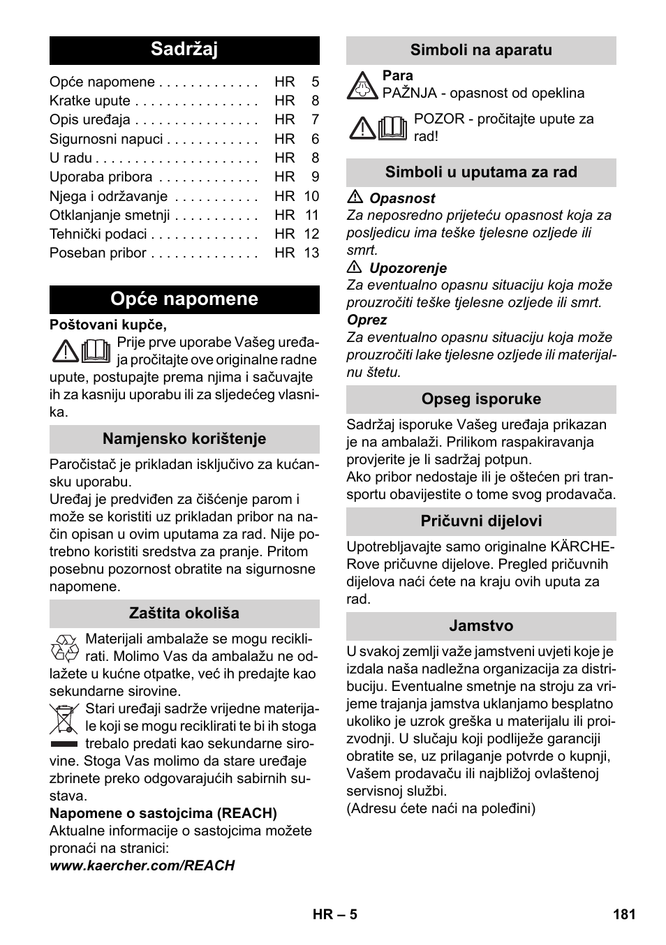 Hrvatski, Sadržaj, Opće napomene | Karcher SC 2-500 C User Manual | Page 181 / 266