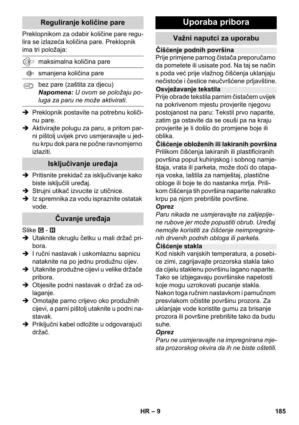 Uporaba pribora | Karcher SC 2-500 C User Manual | Page 185 / 266