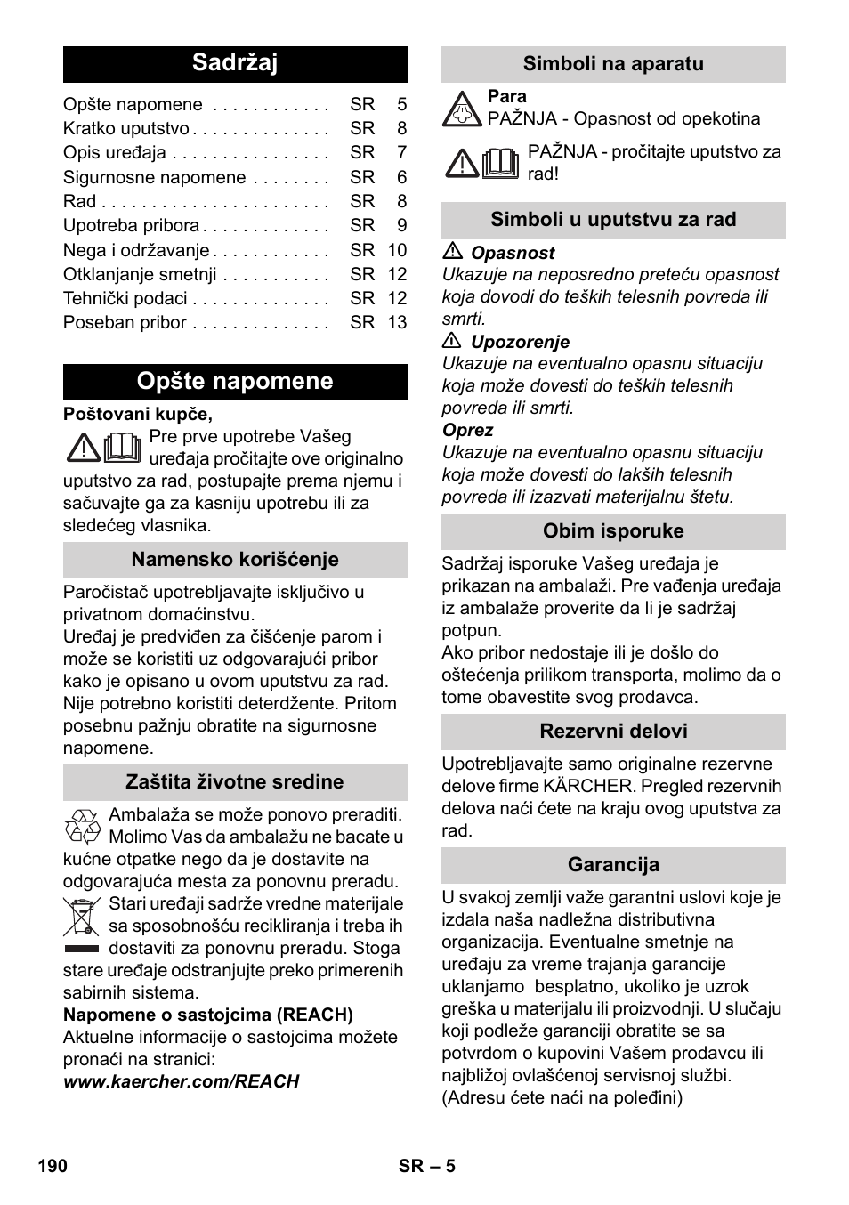 Srpski, Sadržaj, Opšte napomene | Karcher SC 2-500 C User Manual | Page 190 / 266