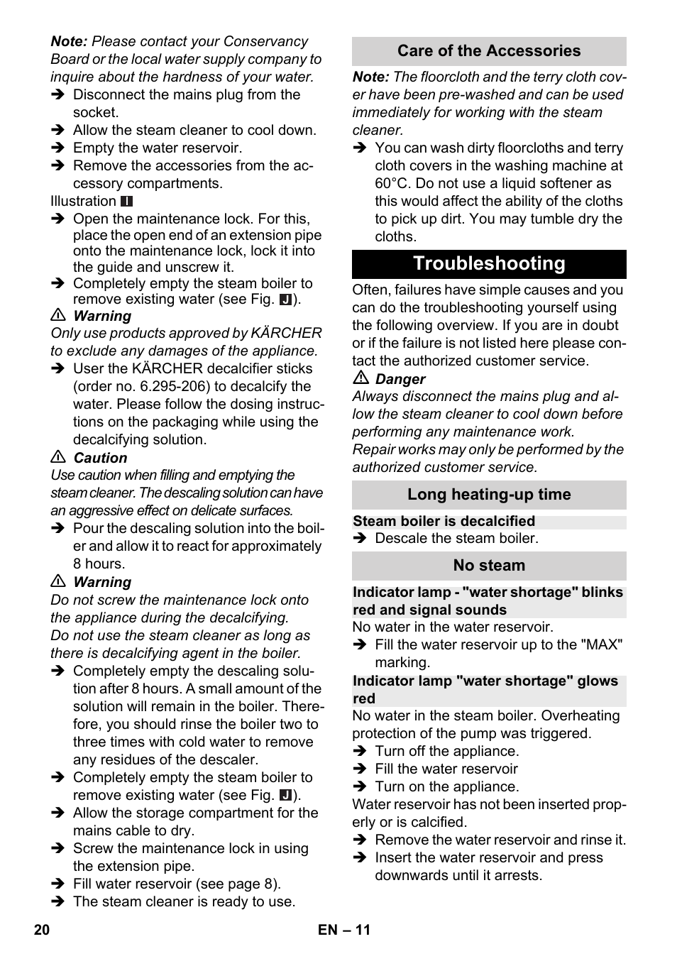 Troubleshooting | Karcher SC 2-500 C User Manual | Page 20 / 266