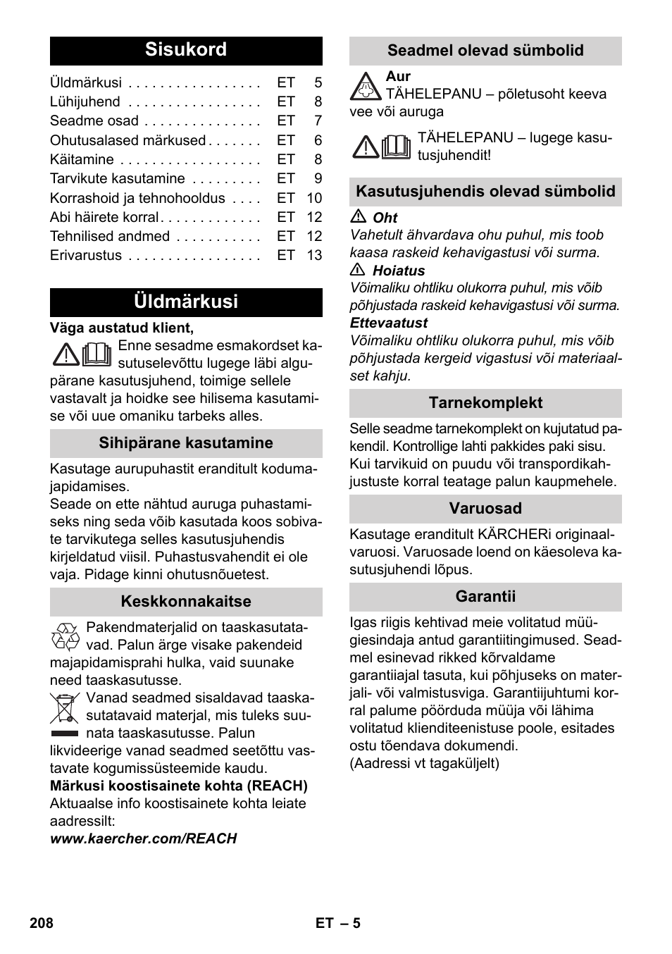 Eesti, Sisukord, Üldmärkusi | Karcher SC 2-500 C User Manual | Page 208 / 266