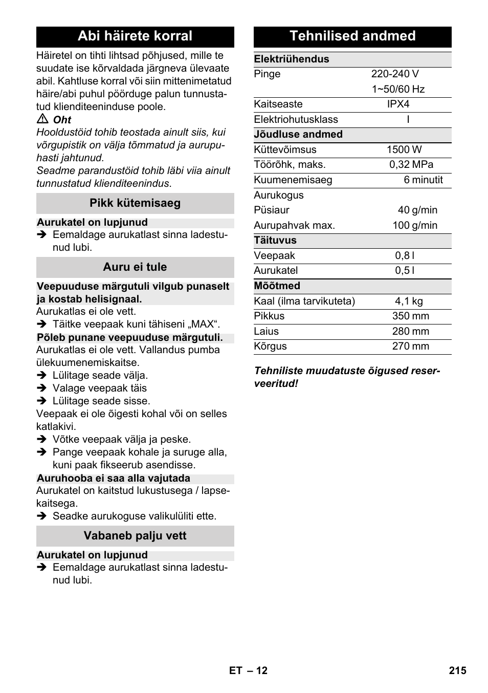 Abi häirete korral, Tehnilised andmed | Karcher SC 2-500 C User Manual | Page 215 / 266