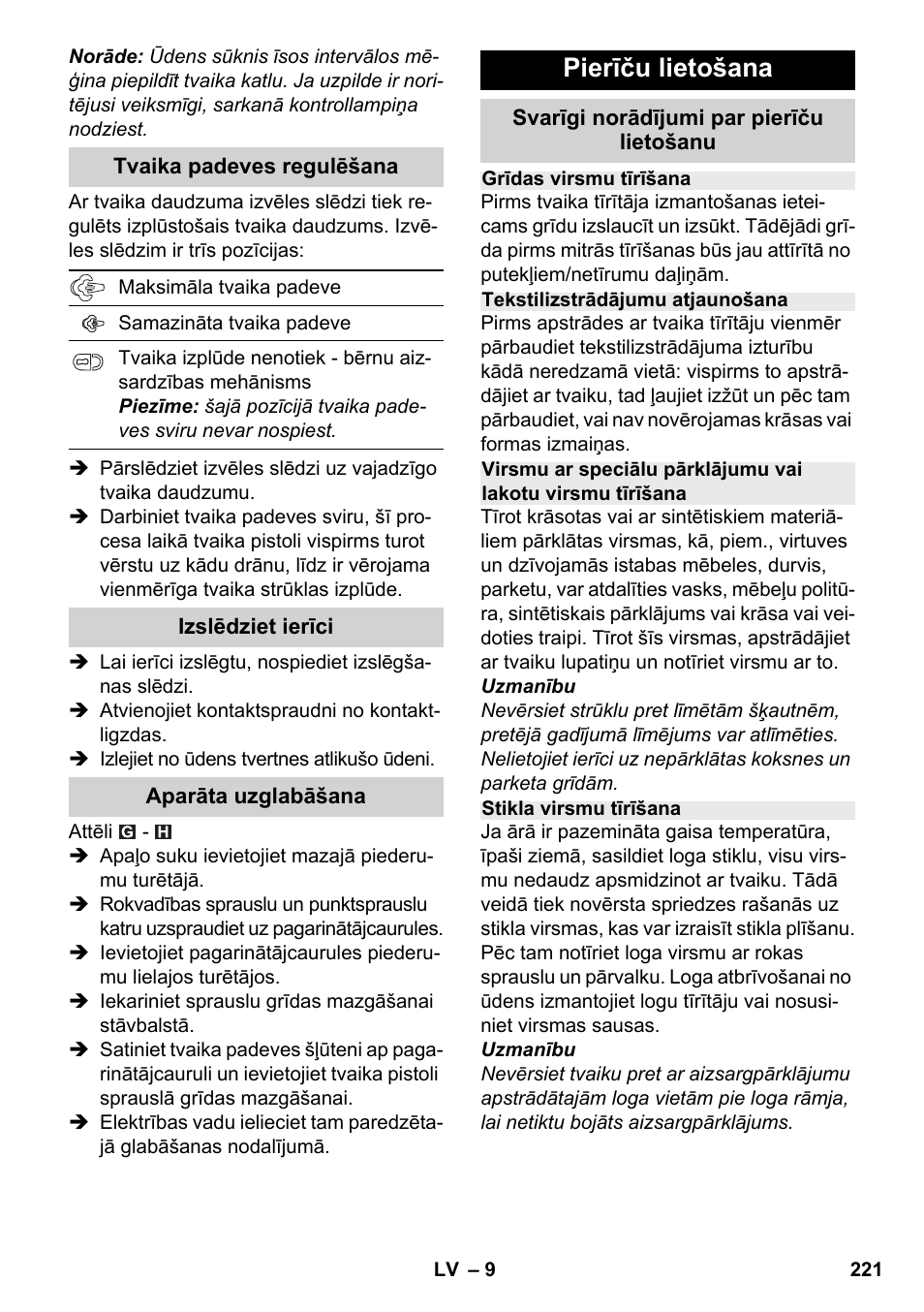 Pierīču lietošana | Karcher SC 2-500 C User Manual | Page 221 / 266