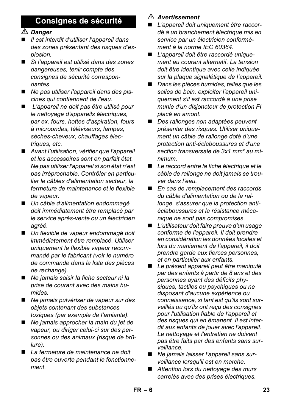 Consignes de sécurité | Karcher SC 2-500 C User Manual | Page 23 / 266