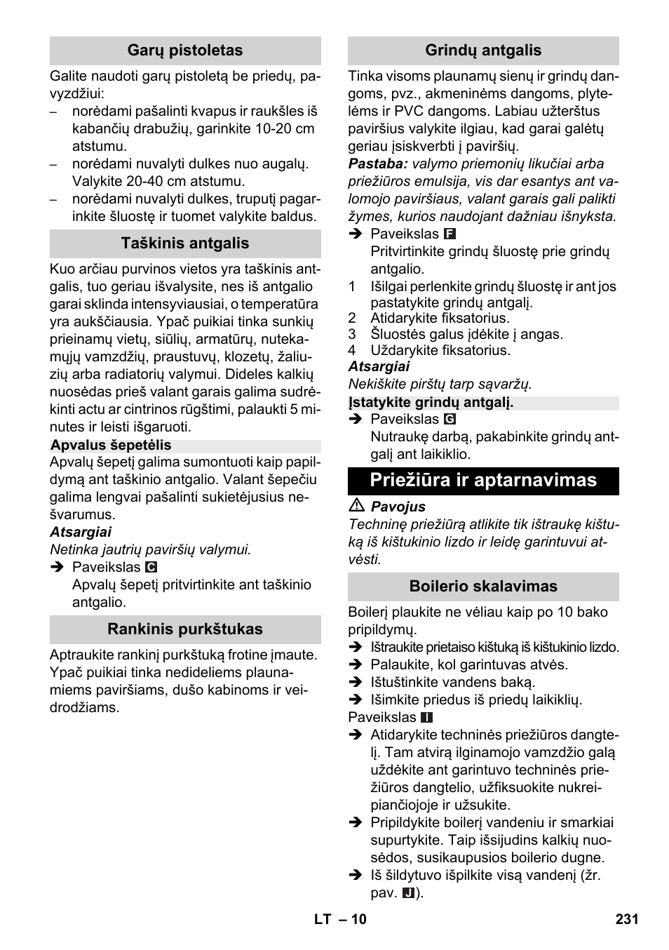 Priežiūra ir aptarnavimas | Karcher SC 2-500 C User Manual | Page 231 / 266