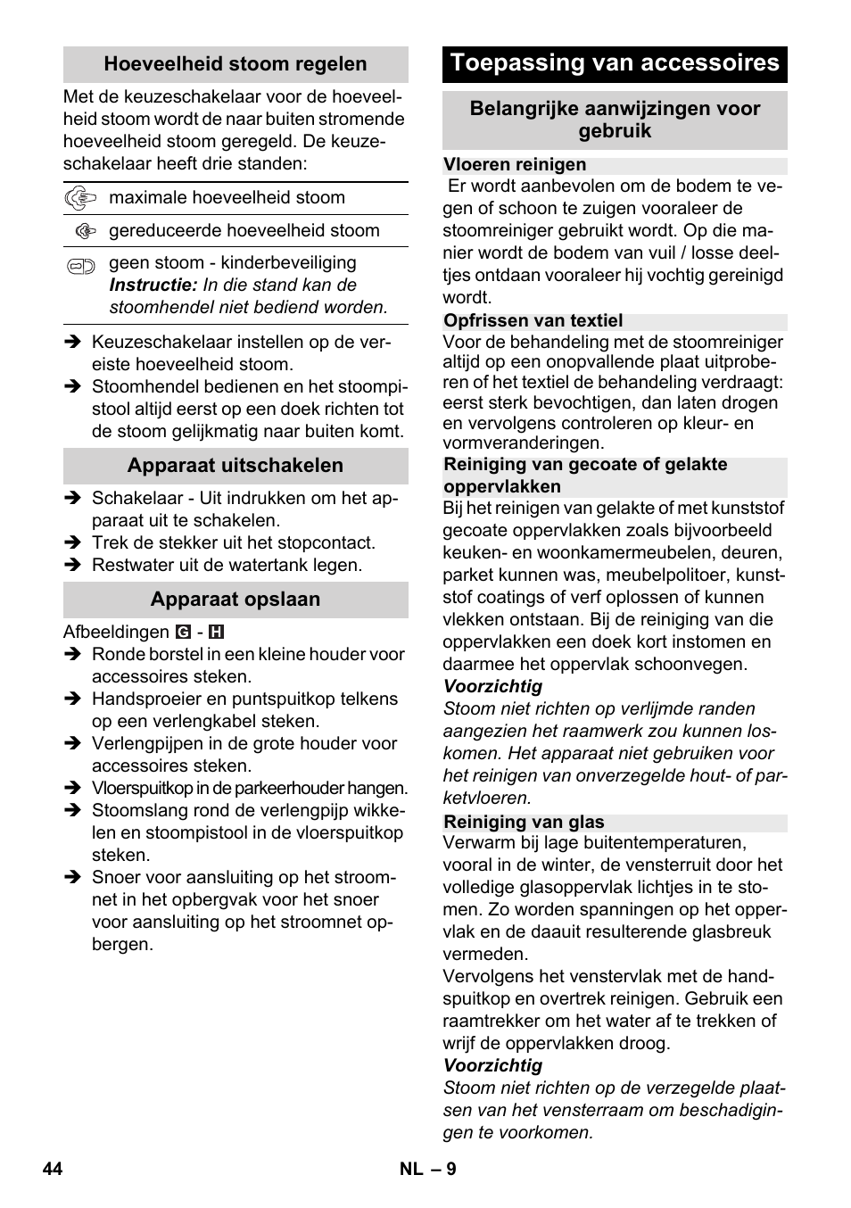 Toepassing van accessoires | Karcher SC 2-500 C User Manual | Page 44 / 266