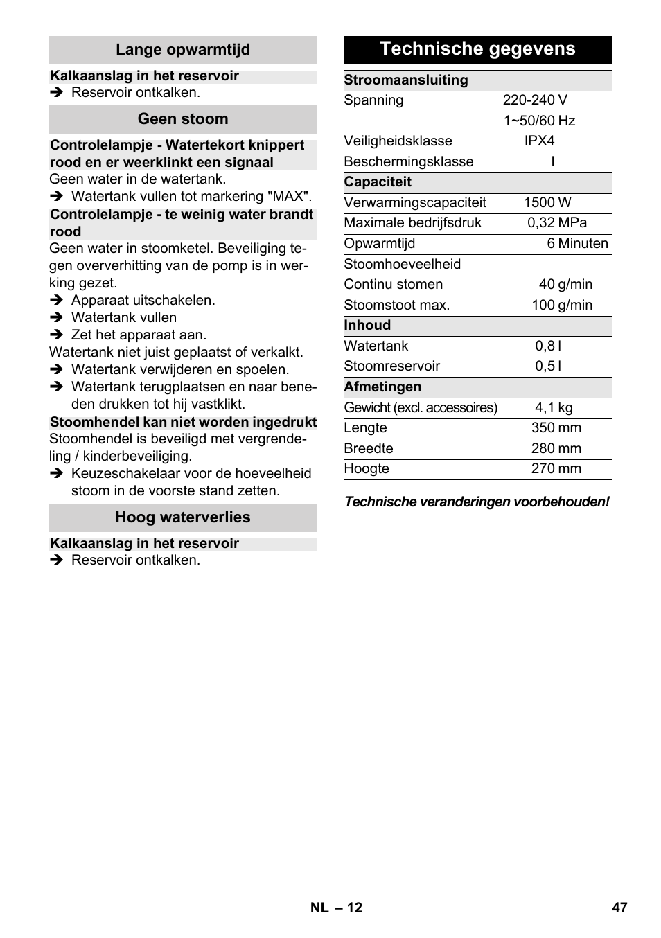 Technische gegevens | Karcher SC 2-500 C User Manual | Page 47 / 266