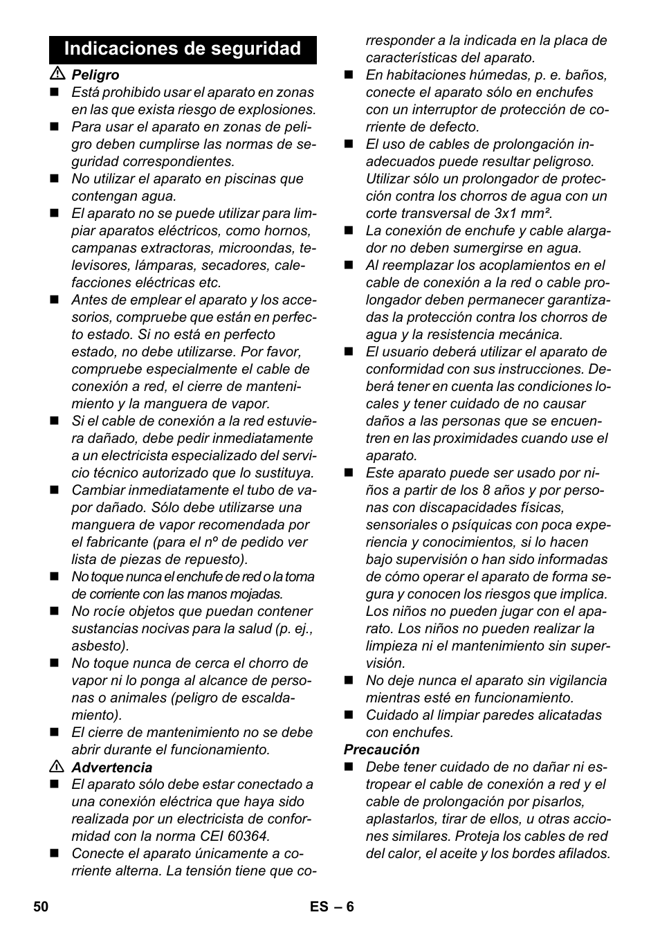 Indicaciones de seguridad | Karcher SC 2-500 C User Manual | Page 50 / 266