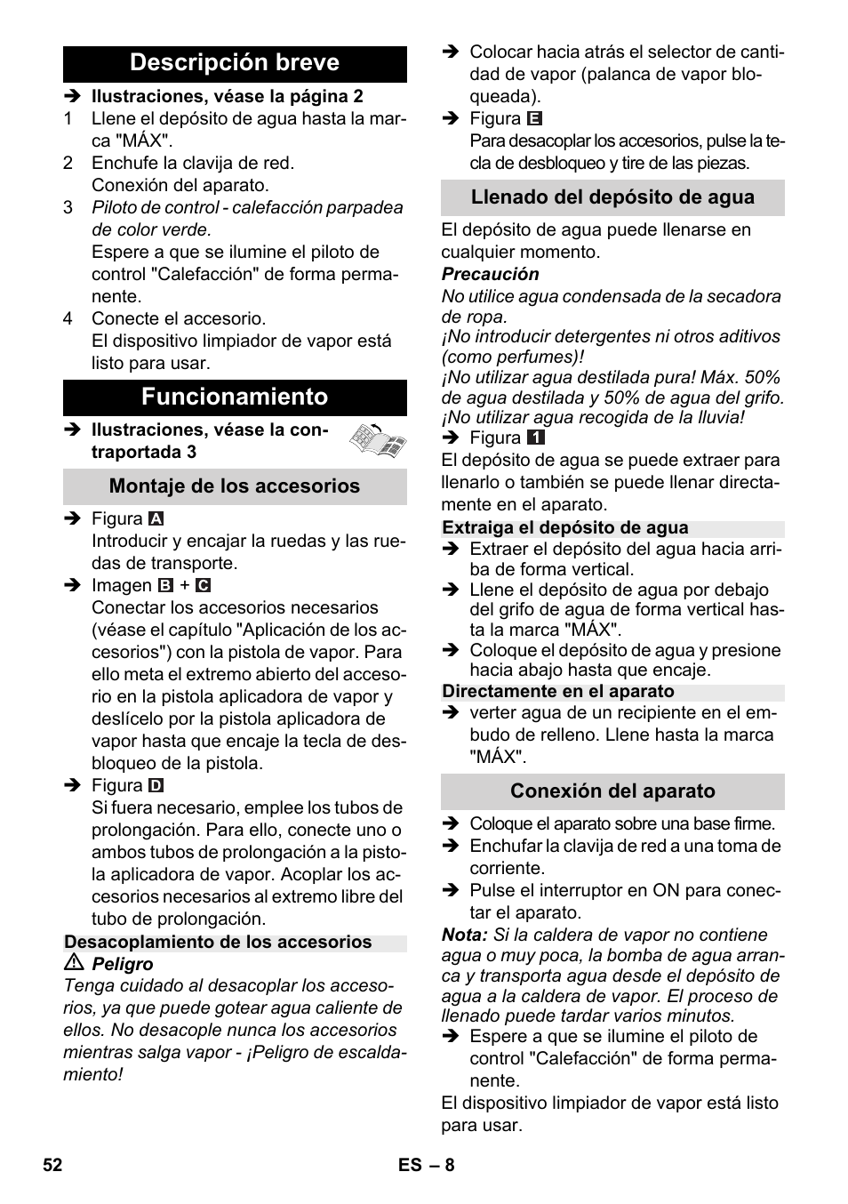 Descripción breve funcionamiento | Karcher SC 2-500 C User Manual | Page 52 / 266