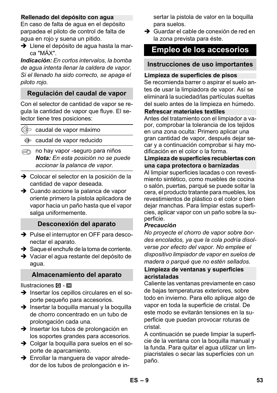 Empleo de los accesorios | Karcher SC 2-500 C User Manual | Page 53 / 266