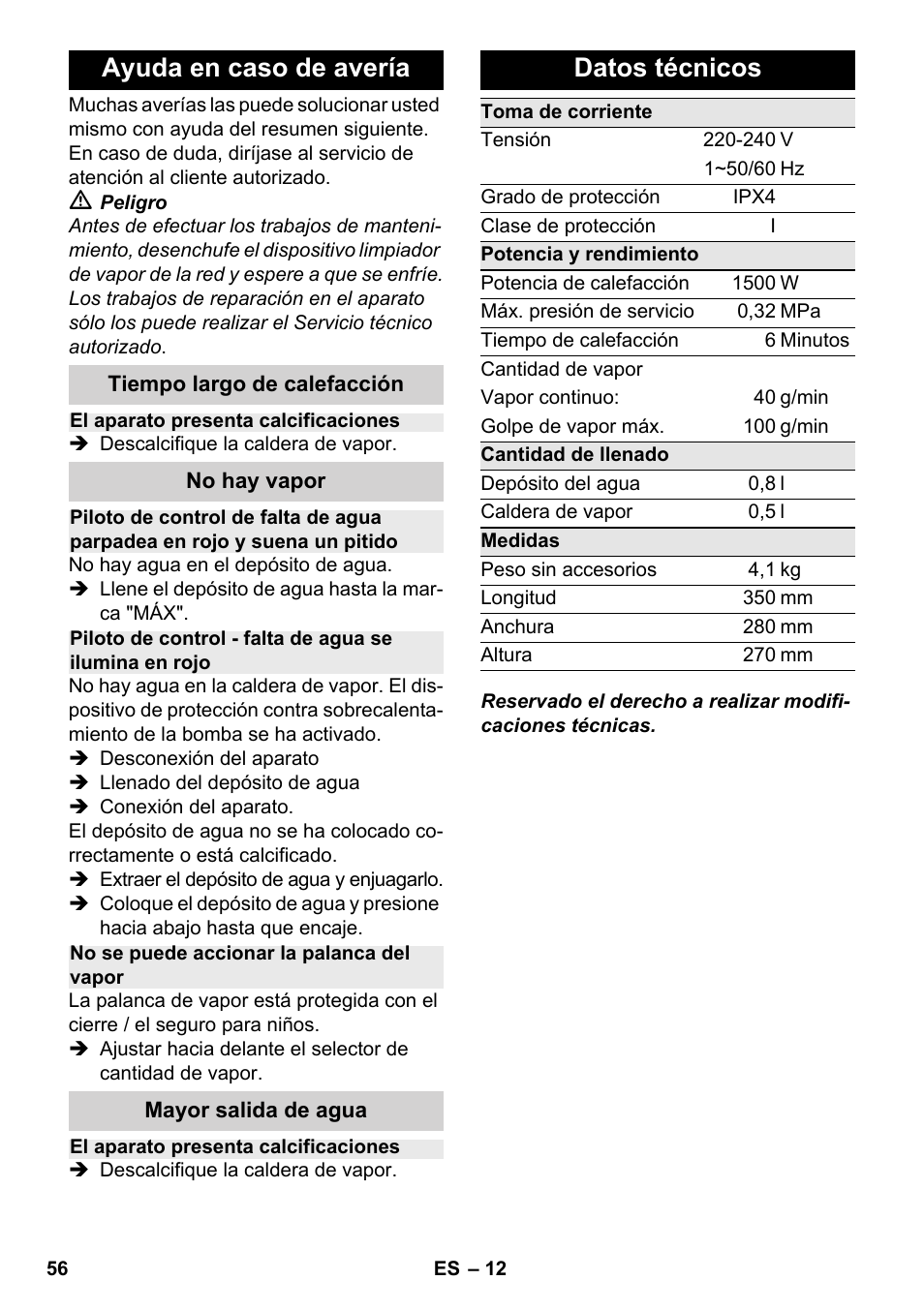 Ayuda en caso de avería, Datos técnicos | Karcher SC 2-500 C User Manual | Page 56 / 266
