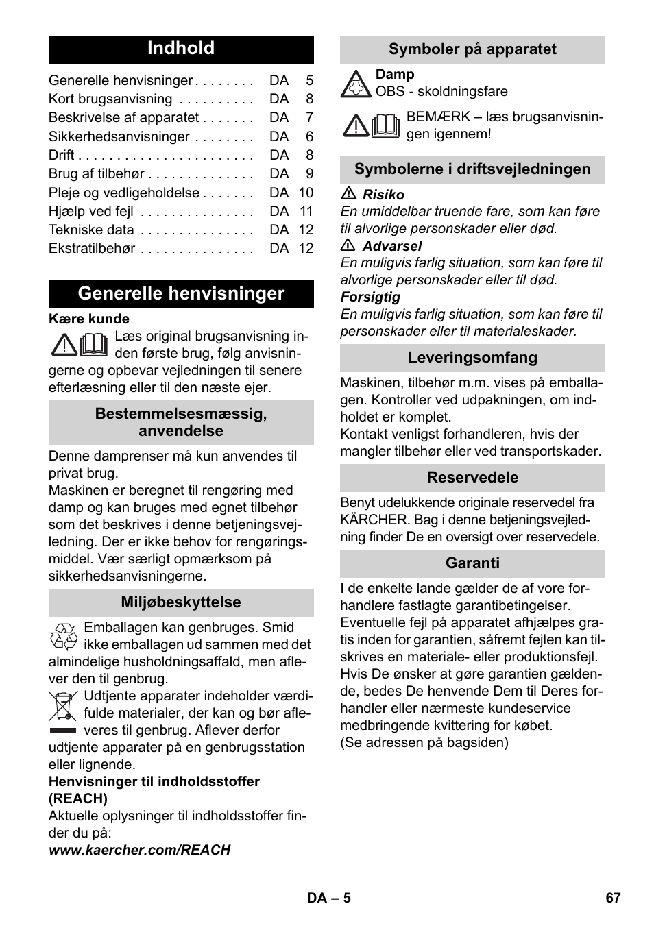 Dansk, Indhold, Generelle henvisninger | Karcher SC 2-500 C User Manual | Page 67 / 266