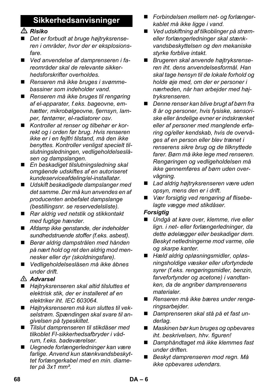 Sikkerhedsanvisninger | Karcher SC 2-500 C User Manual | Page 68 / 266