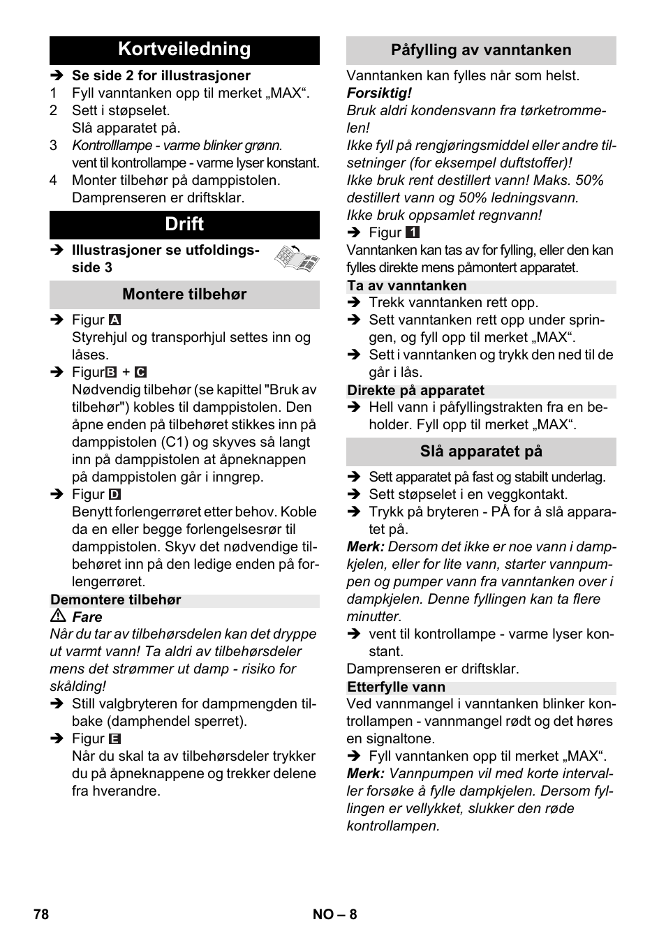 Kortveiledning drift | Karcher SC 2-500 C User Manual | Page 78 / 266