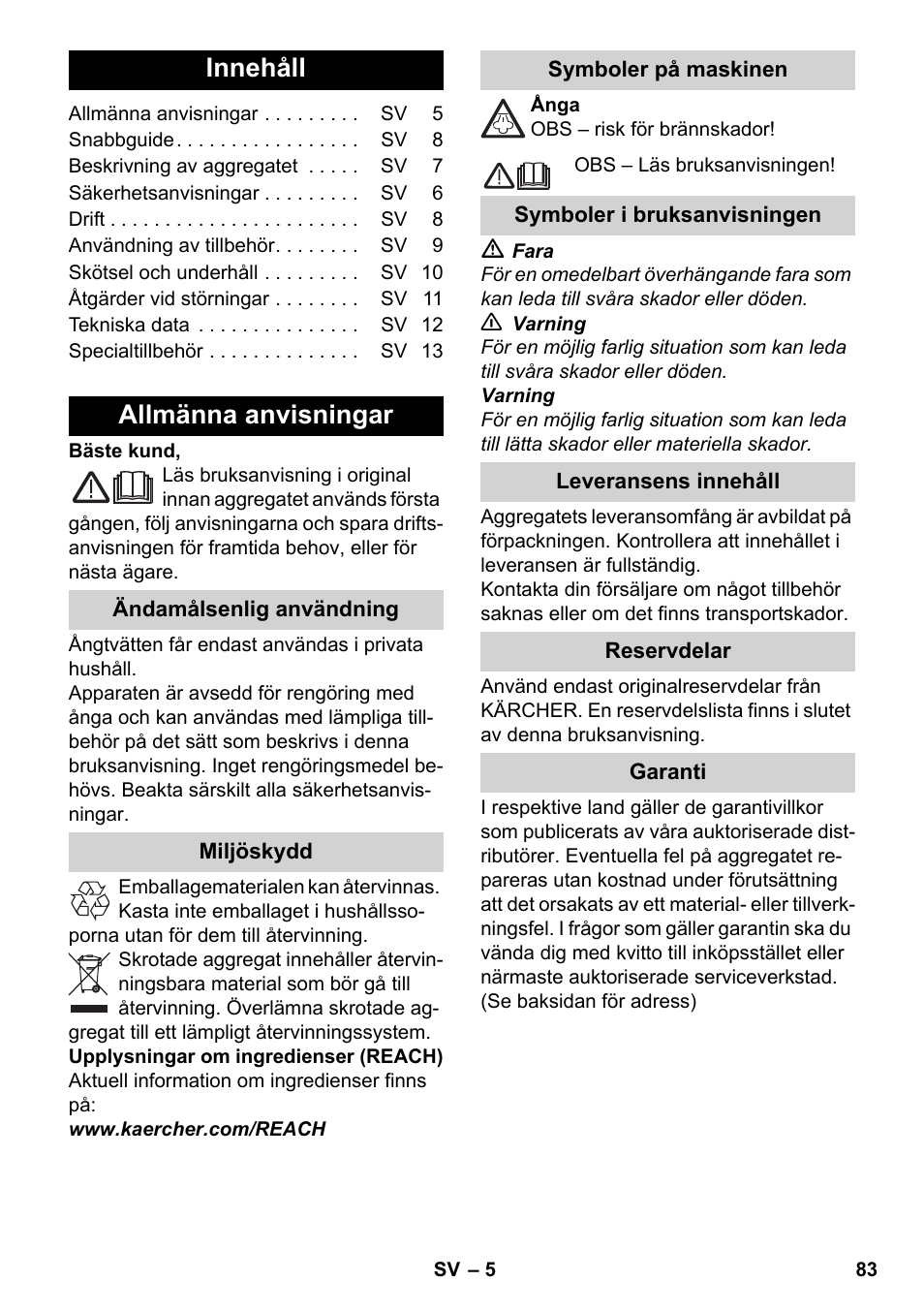 Svenska, Innehåll, Allmänna anvisningar | Karcher SC 2-500 C User Manual | Page 83 / 266