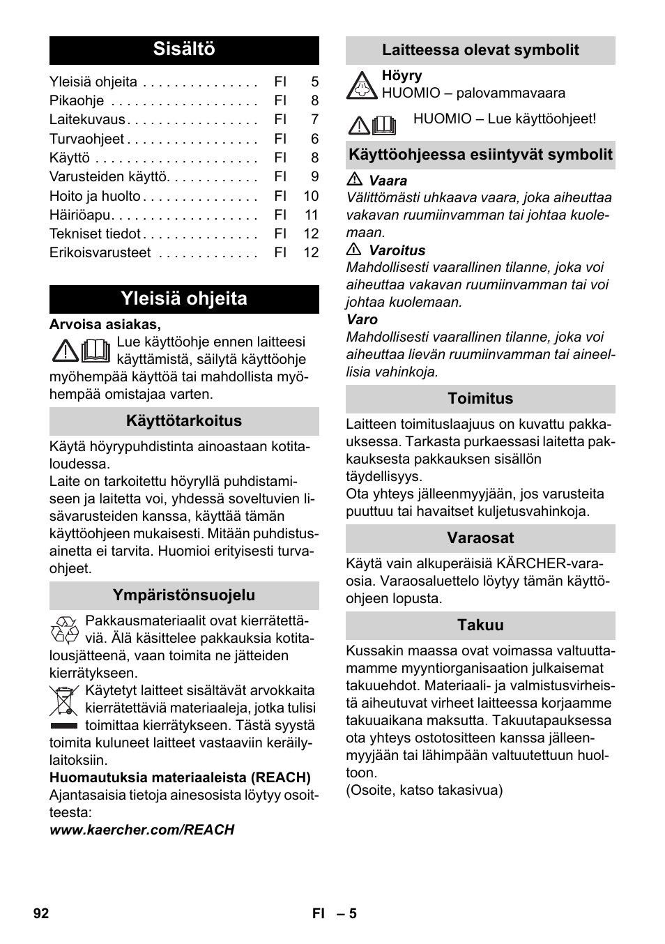 Suomi, Sisältö, Yleisiä ohjeita | Karcher SC 2-500 C User Manual | Page 92 / 266