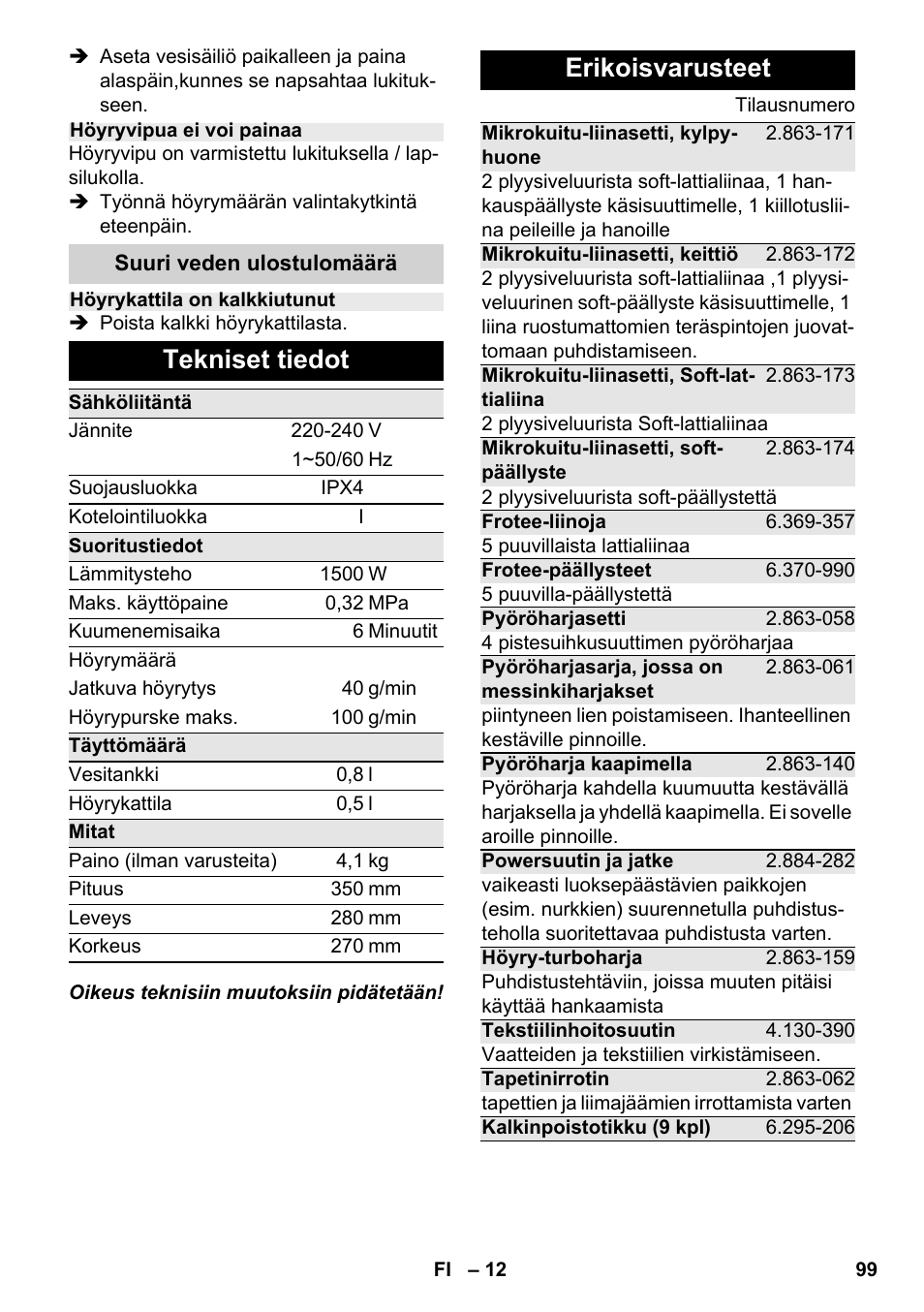 Tekniset tiedot, Erikoisvarusteet | Karcher SC 2-500 C User Manual | Page 99 / 266