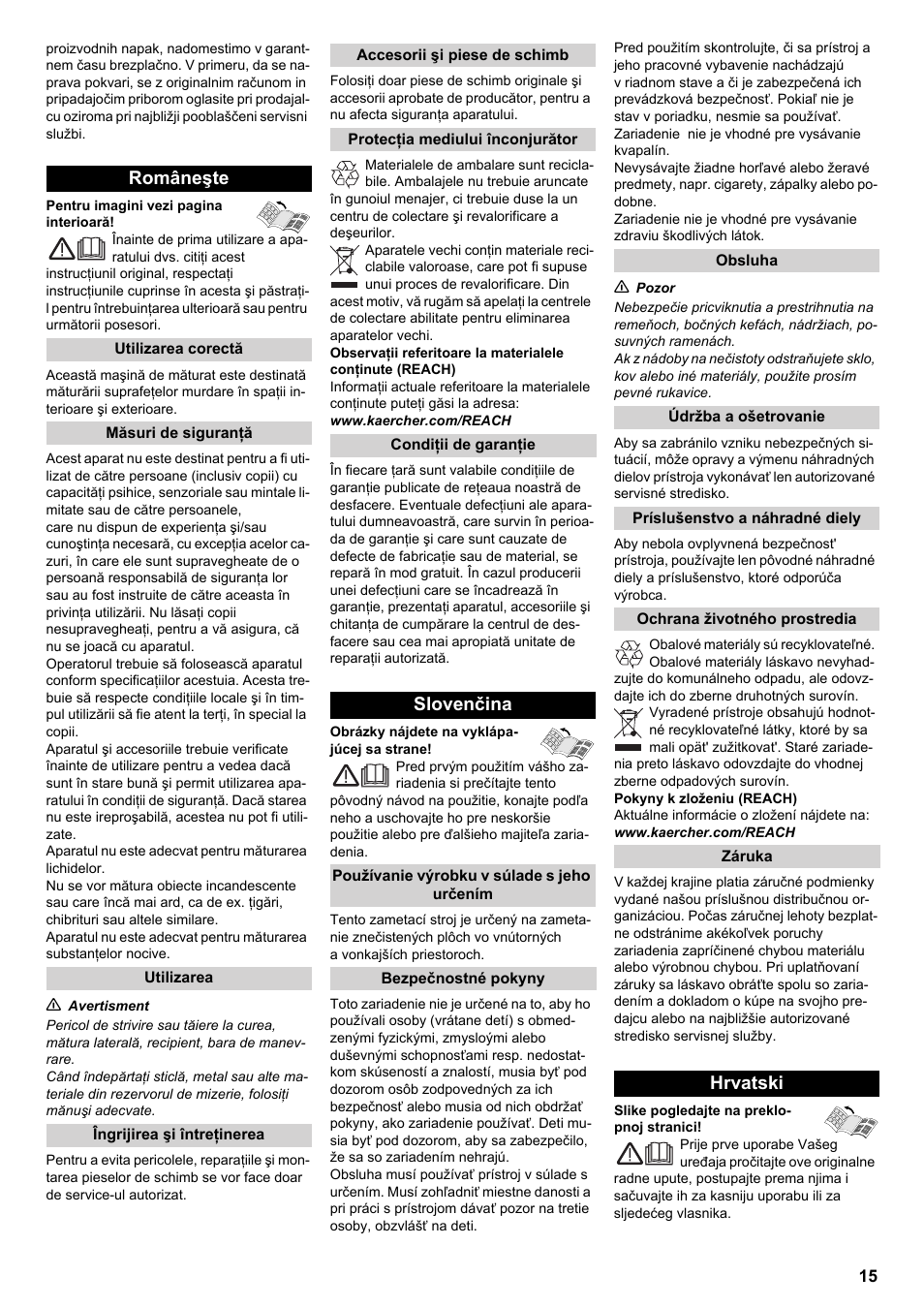 Româneşte, Slovenčina, Hrvatski | Karcher KM 70-20 C 2SB User Manual | Page 15 / 21