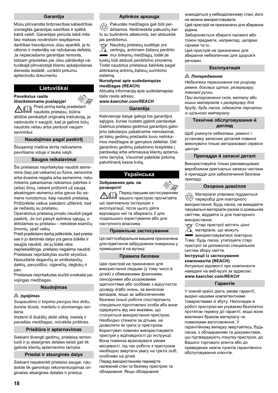 Lietuviškai, Українська | Karcher KM 70-20 C 2SB User Manual | Page 18 / 21