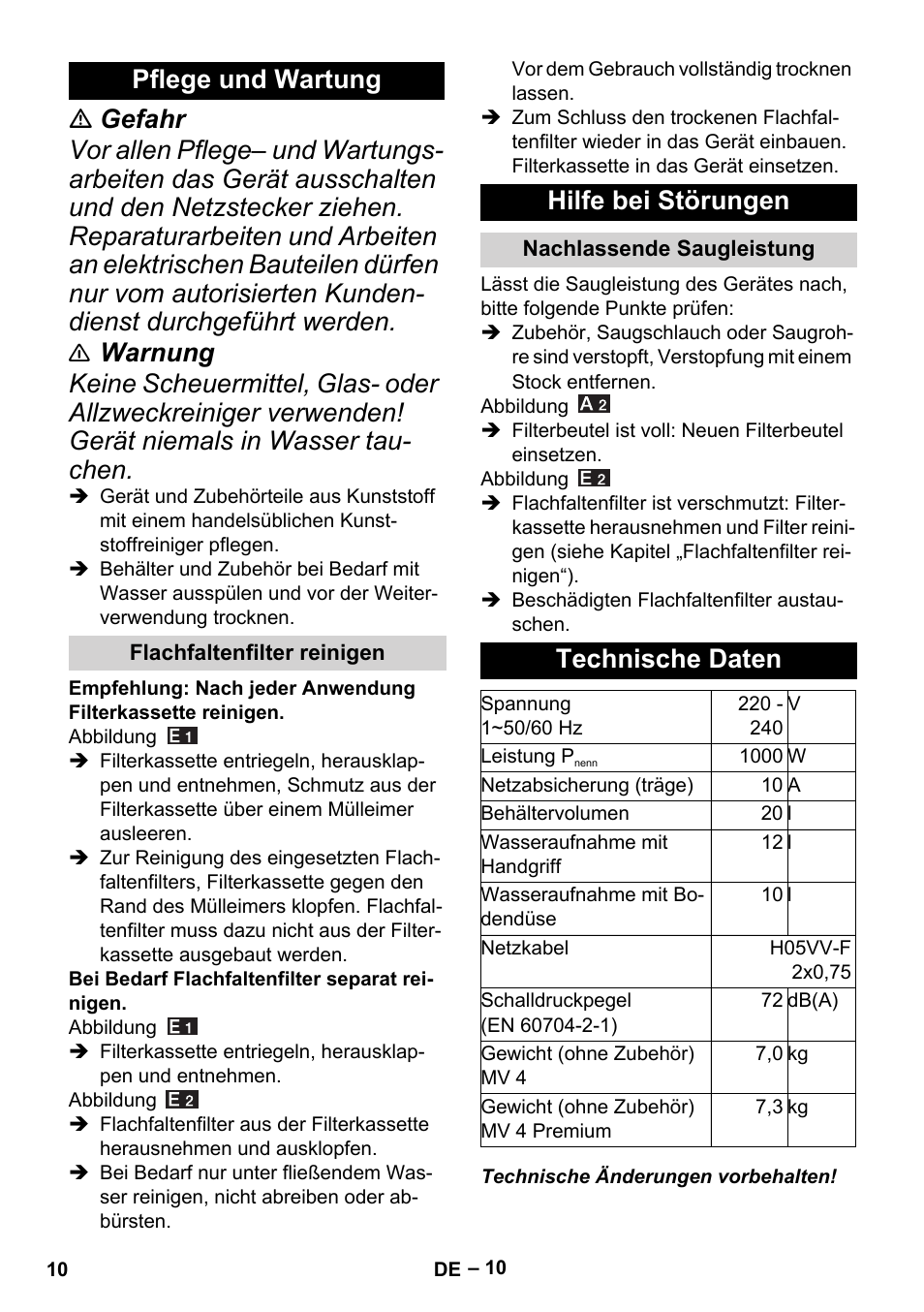 Pflege und wartung, Flachfaltenfilter reinigen, Hilfe bei störungen | Nachlassende saugleistung, Technische daten | Karcher MV 4 User Manual | Page 10 / 190