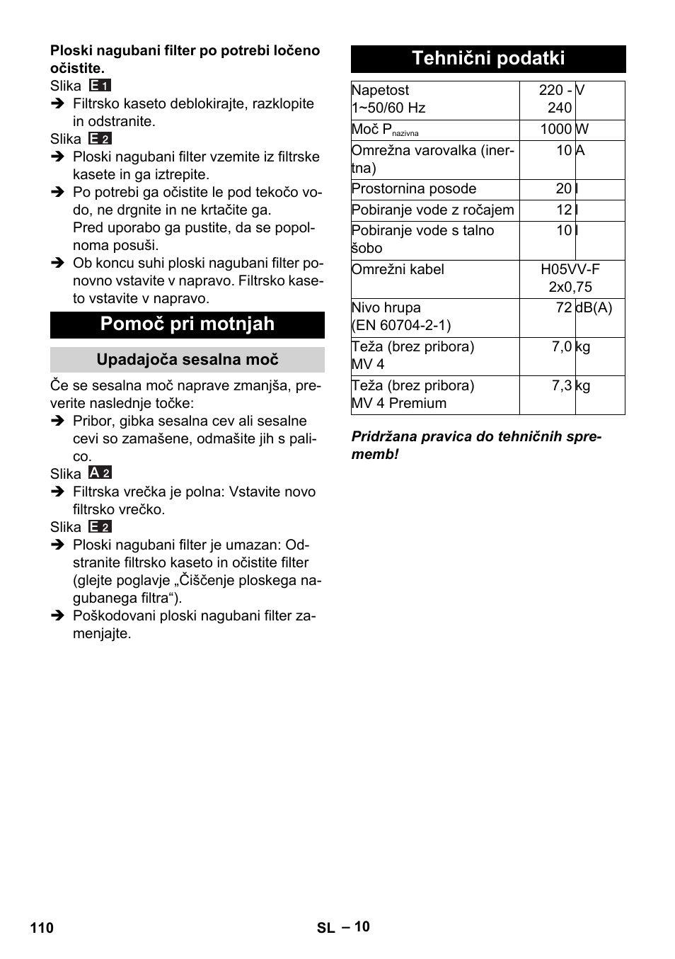 Pomoč pri motnjah, Upadajoča sesalna moč, Tehnični podatki | Karcher MV 4 User Manual | Page 110 / 190