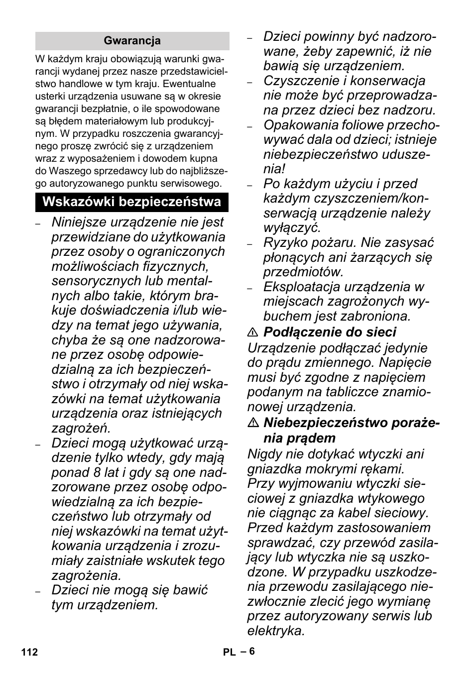 Gwarancja, Wskazówki bezpieczeństwa | Karcher MV 4 User Manual | Page 112 / 190