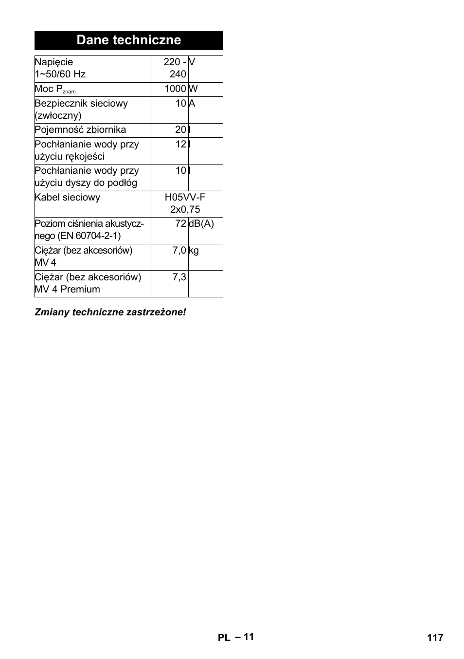 Dane techniczne | Karcher MV 4 User Manual | Page 117 / 190